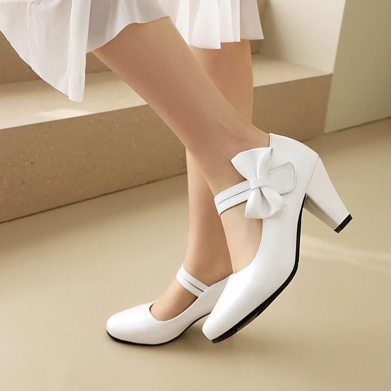 FOREADA Women Patent Leather Pumps Round Toe Mary Janes Heels Thick High Heels Buckle Bow Ladies Fashion Shoes Sping Autumn Pink 46
