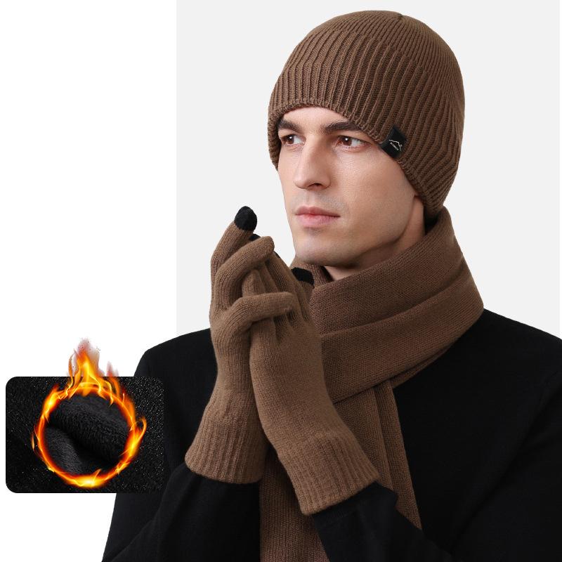 Thick Velvet Warm Windproof Three-Piece Set Big Head Circumference Knitted Hat Long Scarf Touch Screen Gloves