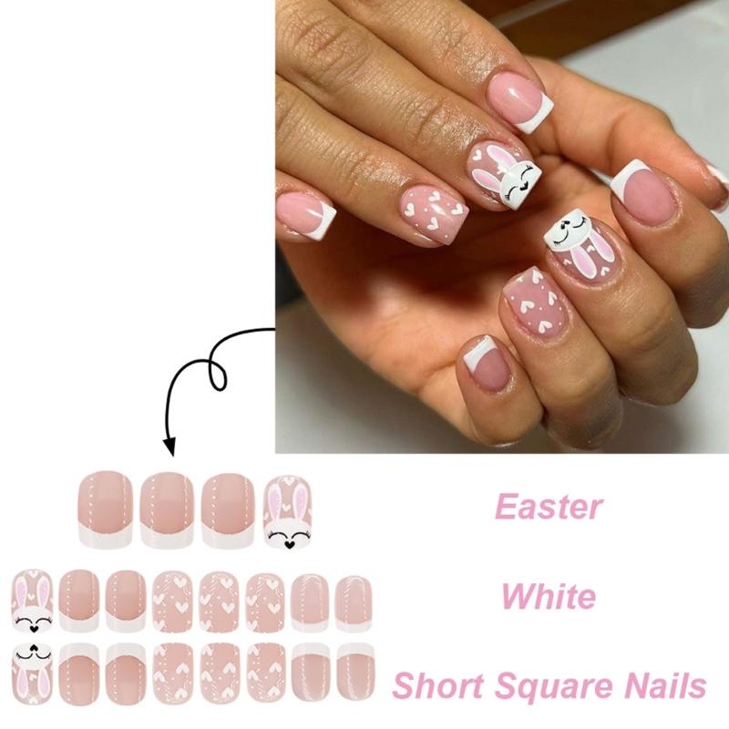 24pcs Square Press On Nail with Rabbit Pattern Short Artificial Nail Full Cover False Nail Manicure Nail Art for Women