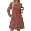 Women's Long Sleeve Pleated Round Neck Solid Color Casual Dress With Pockets