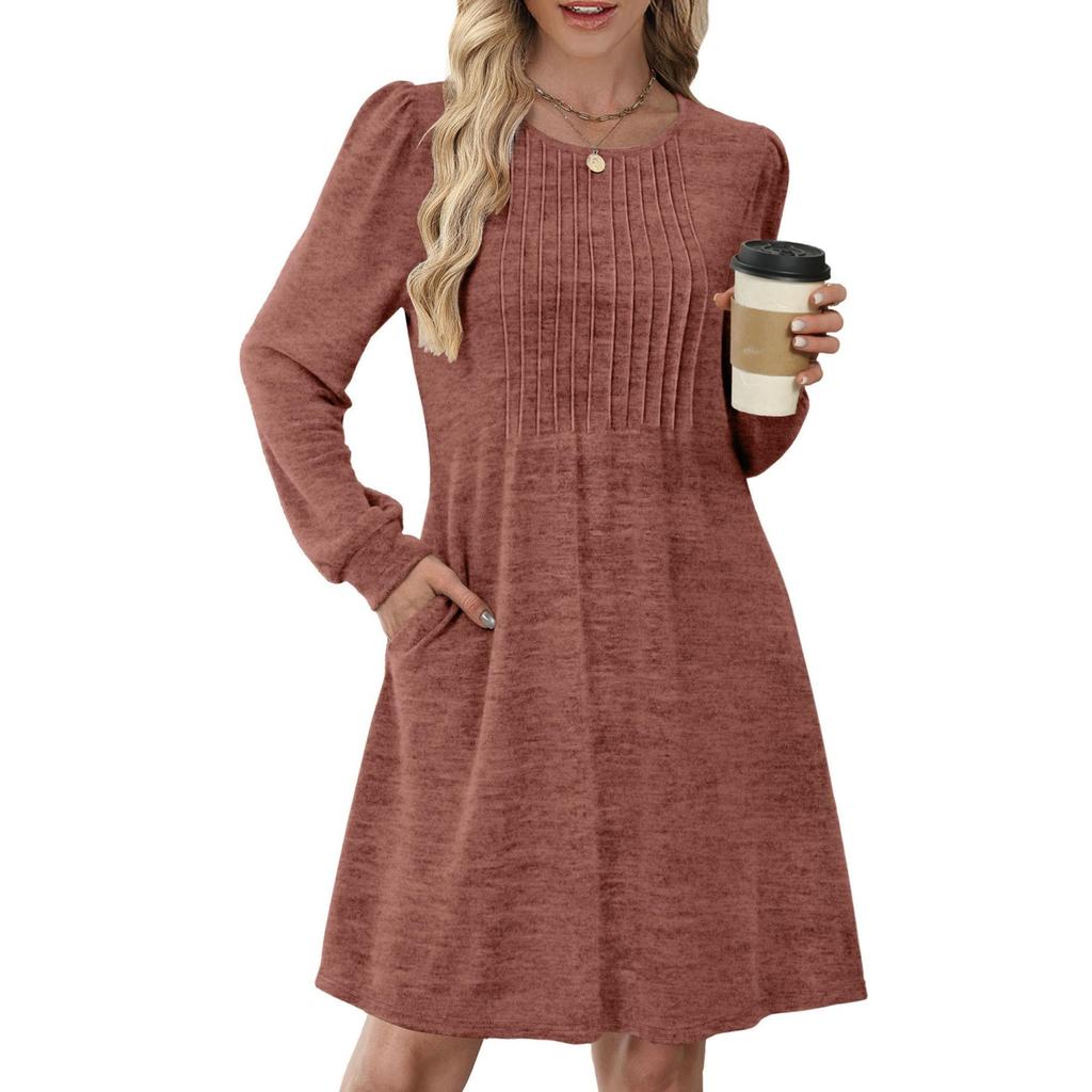 Women's Long Sleeve Pleated Round Neck Solid Color Casual Dress With Pockets