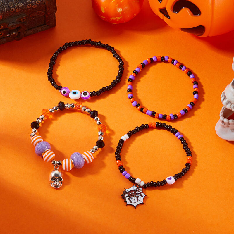 

4PCS Halloween Beaded Bracelet Set - Elastic Pumpkin Bat Charm Bracelets with Adjustable Colorful Design