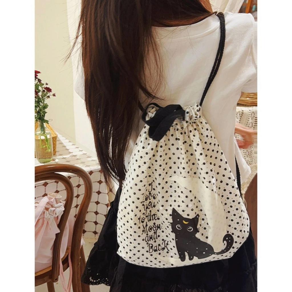WTEMPO Cute Polka Dot Printed Moon Cat Portable Commuting School Travel Large-capacity Single-shoulder Drawstring Backpack