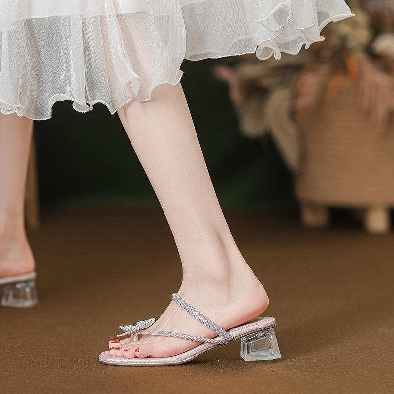 Square head thick heel with rhinestone butterfly cool slippers children are not tired feet new summer
