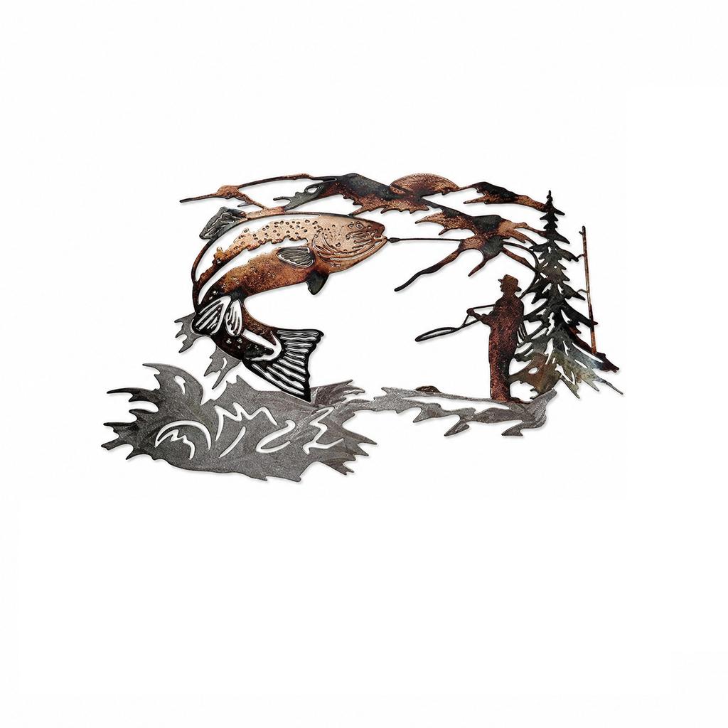 Metal Wall Art Fishing Scene Decorative Wall Hanging for Living Room Entryway Rustic Outdoor Theme Metal Craft Wall Decor