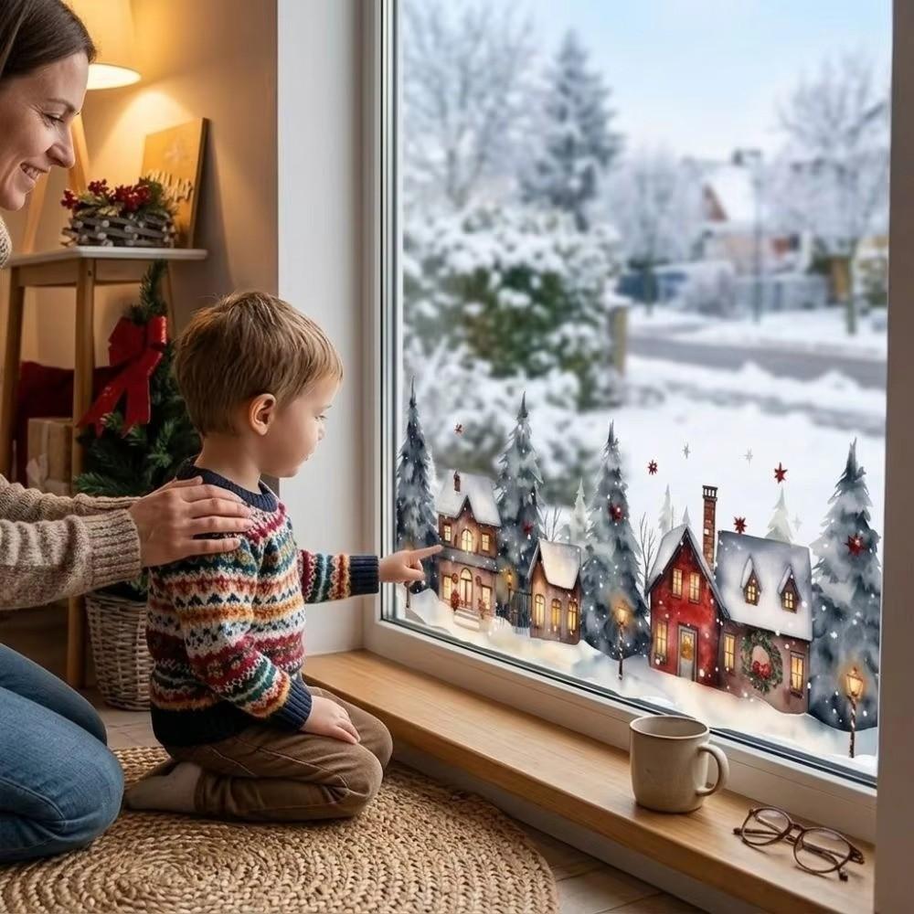 Waterproof Christmas Window Clings Static Adhesive Snowy Village Stickers Winter Home Decor