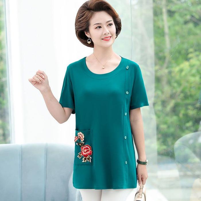 Summer Plus Size Slimming T-Shirt for Middle-aged & Elderly Women - Loose Solid Color Short Sleeve Top