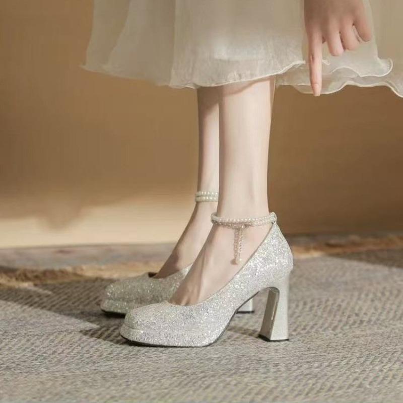 Fashion Single Shoes Spring New Style Square Head Shallow Mouth Sequin Beaded Line with Waterproof Platform High Heels