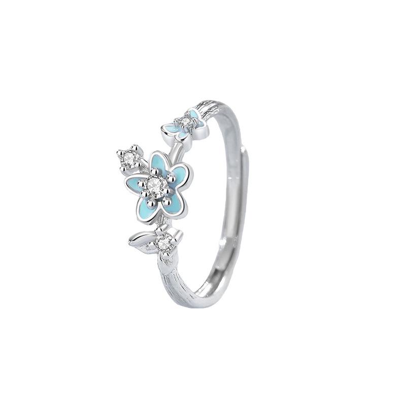 Tichya Original S925 Sterling Silver Forest-Style Enamel Flower Luminous Open Couple Rings Adjustable