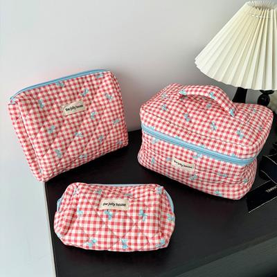 Women Cosmetic Storage Cotton Quilted Bag Simple Bow Knot Lipstic Makeup Organizer Handbag Cute Large Capacity Zipper Bags