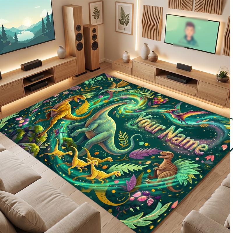 Dinosaur Theme Soft Crystal Velvet Rug Custom Name & Text Print Non Slip Floor Rug for Bedroom Living Room