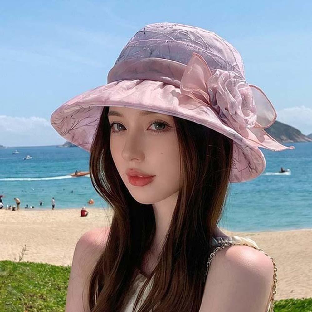 Portable Floral Fisherman Hat Breathable Sunscreen Basin Hat Thin Bow Sunshade Cap Women