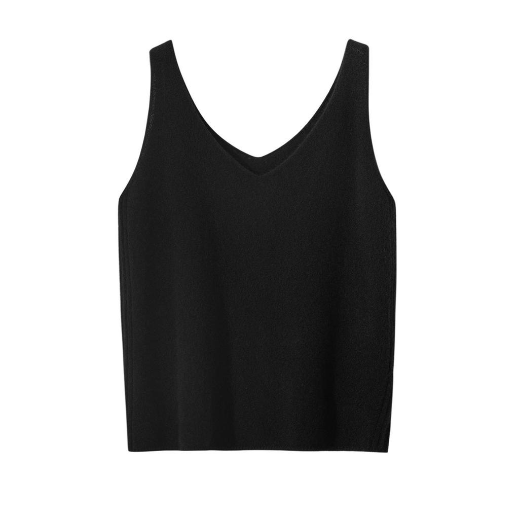Women's Cashmere V-Neck Ribbed Tank: Autumn/Winter Sleeveless Knit Base Layer with Spaghetti Straps in Solid Colors
