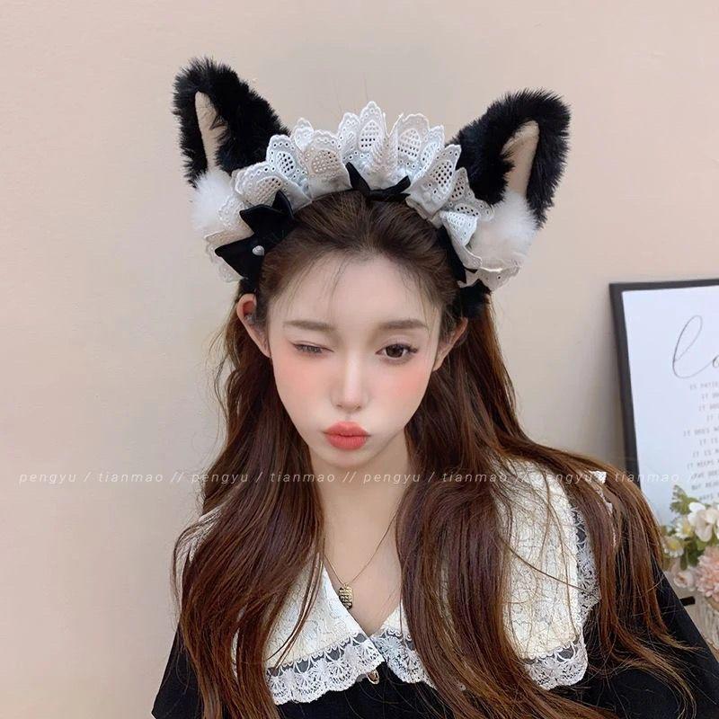 Лолита Кружево Бант Животные Ушки: Ободок горничной с лисой и кошкой