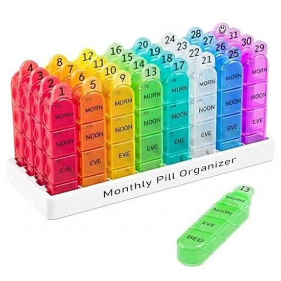 East Leaf Pill Case 1 Month 31 Days + Extra Day Large Capacity Medicine 4 Times Morning Noon Evening Night Storage Portable