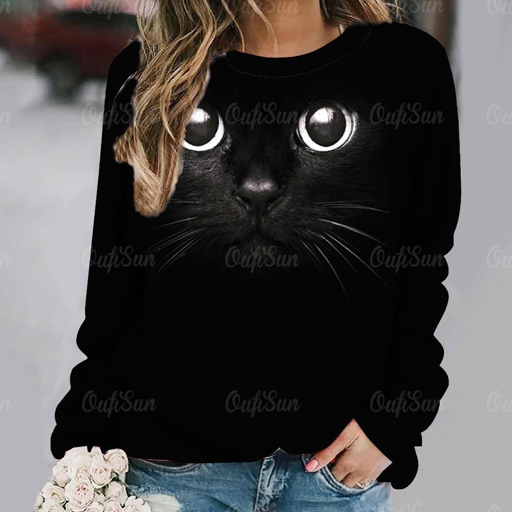 

Женская уличная мода футболка с милым рисунком кошки, одежда с круглым вырезом и длинным рукавом, женская футболка с изображением кошки в очках, синяя XL