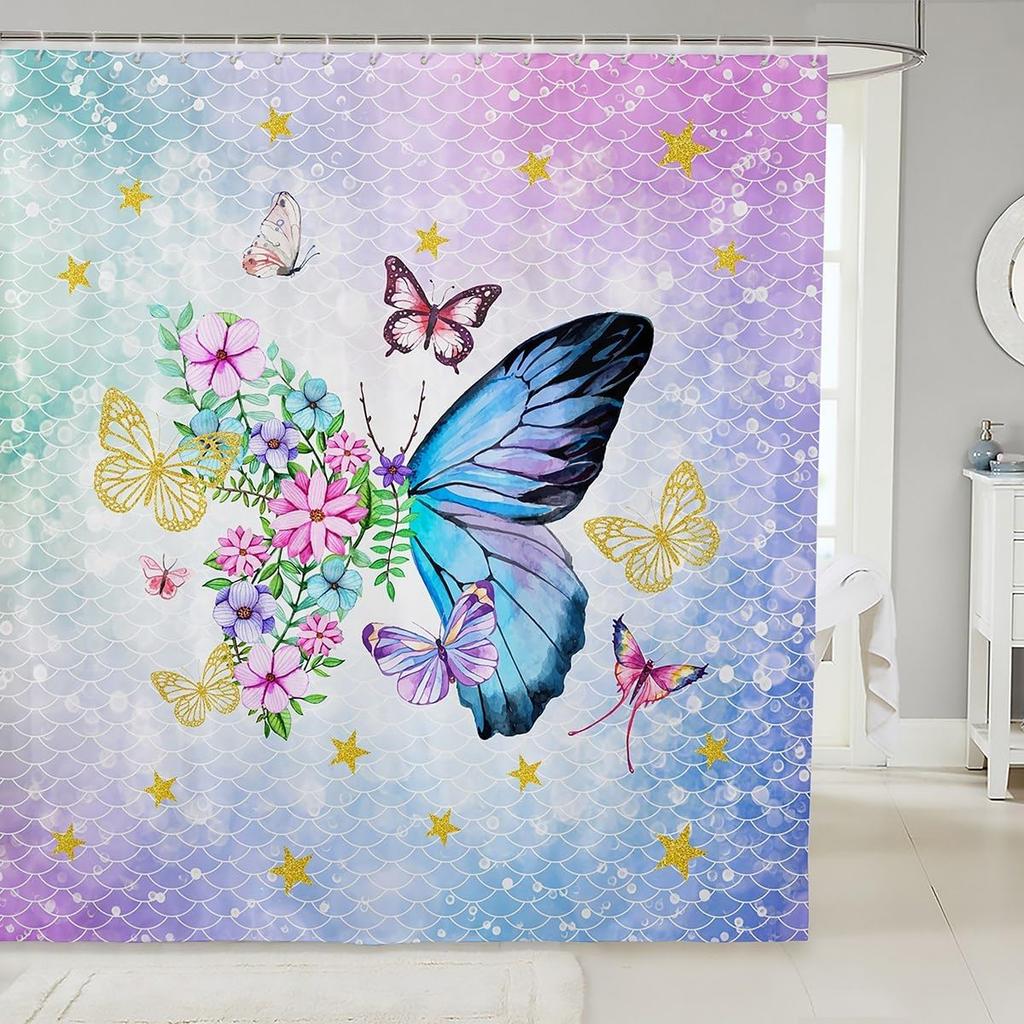 Psychedelic Butterfly Vintage Mushroom Shower Curtain Dragonfly Boho Bathroom Decoration Polyester Fabric Bath Curtain with Hook