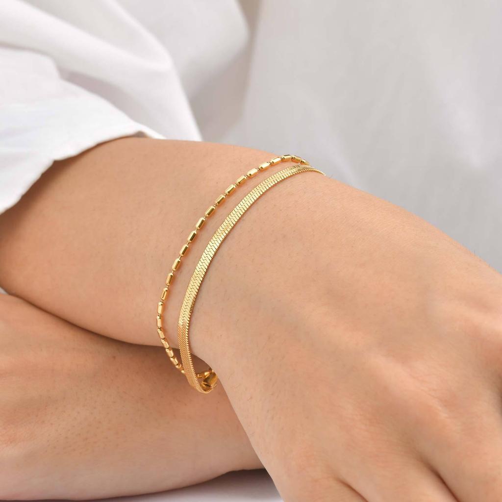 Wind Stainless Steel Bamboo Flat Snake Chain Double Stacked Bracelet, Ladies' Popular Jewelry Br-879
