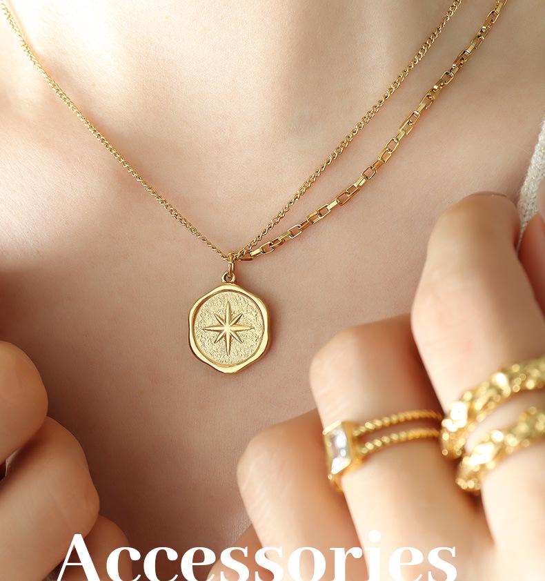 French Niche Eight-Pointed Star Pendant Necklace, Double Chain, 18K Gold-Plated Titanium Steel Clavicle Chain Jewelry P574