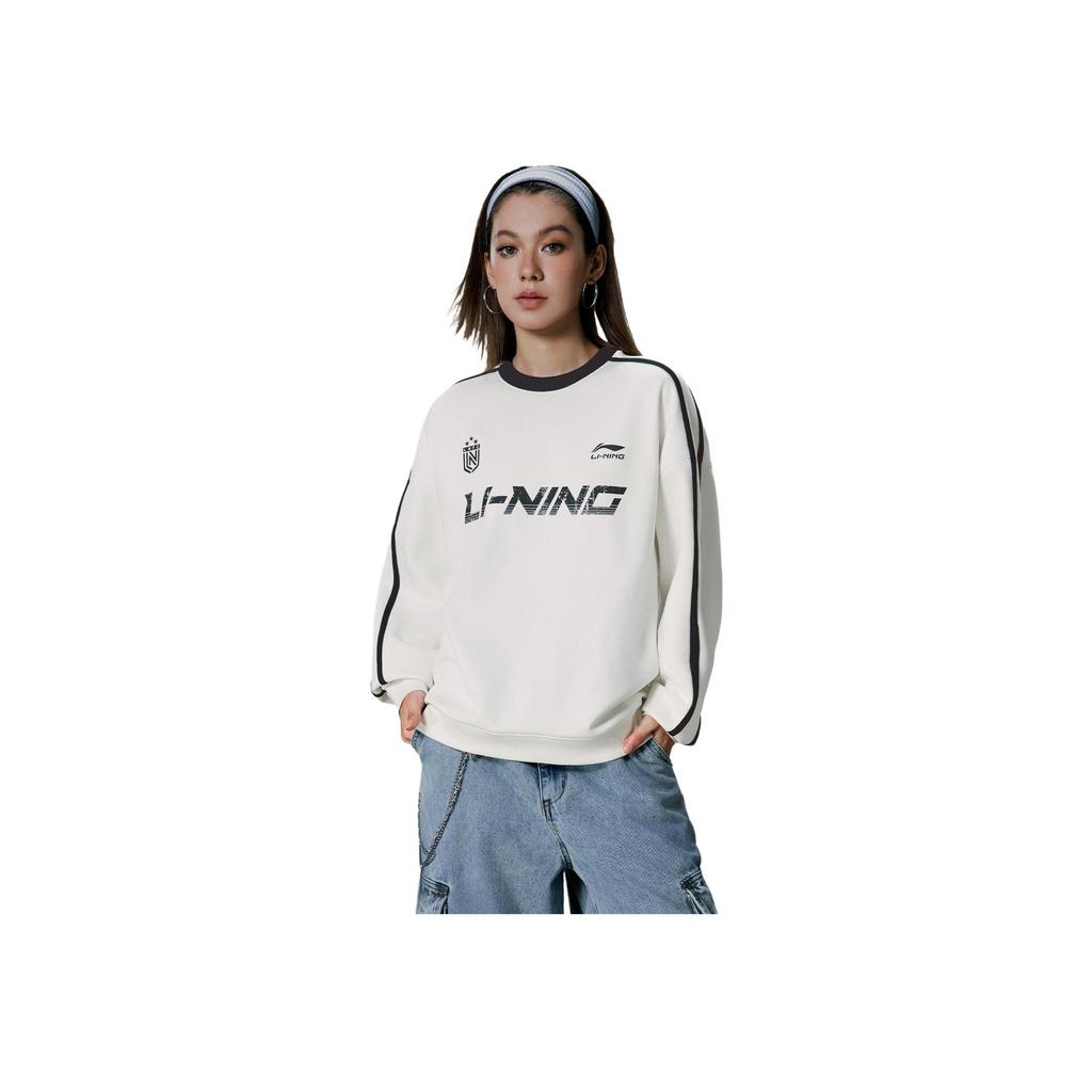 LiNing Comfortable Simple Versatile Round Neck Fleece Loose Casual Warm Sweatshirt Unisex Sweatshirt Off-White AWDVC87-1