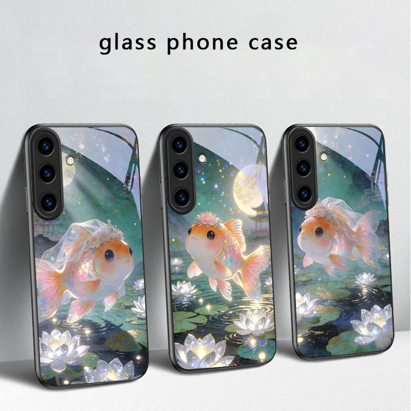 Милый золотой рыбка вуалехвост Для Samsung Galaxy S20 S21 S22 S23 Plus S24 FE S25 Ultra S26 Edge S25+ S20+ S22+ Черный стеклянный чехол для телефона