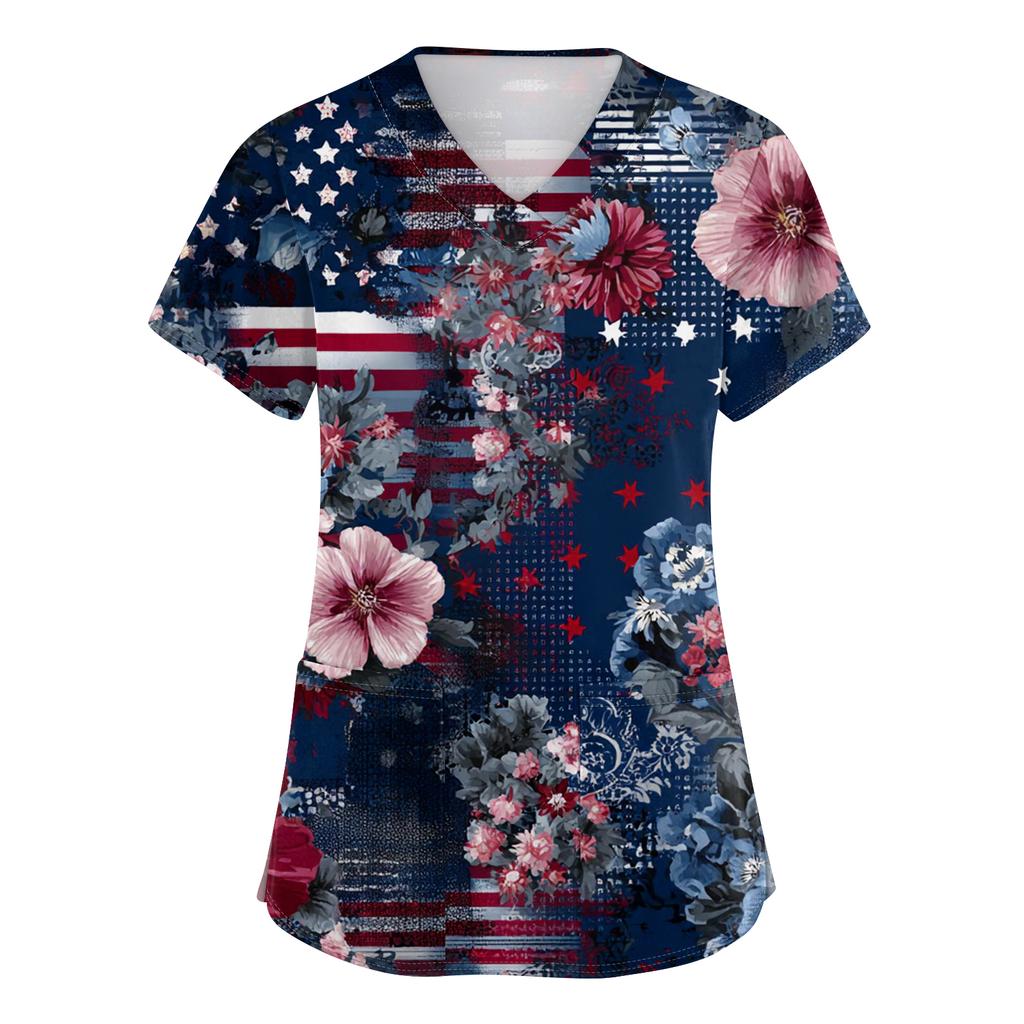 Women's Fashionable V-Neck Short-Sleeved Work Top With Pockets And Independence Day Print  Uniform