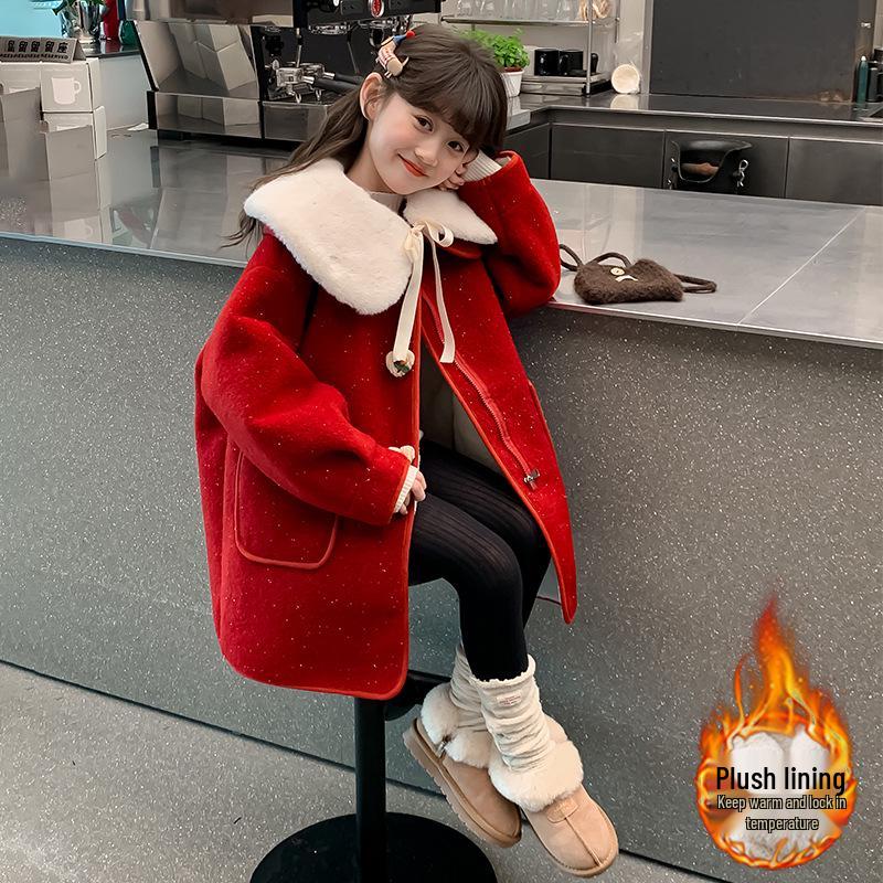 

Модное красное шерстяное пальто для девочек с бархатом, новый зимний стиль 2025 года для большого ребенка - Идеальный новогодний наряд 140cm красный