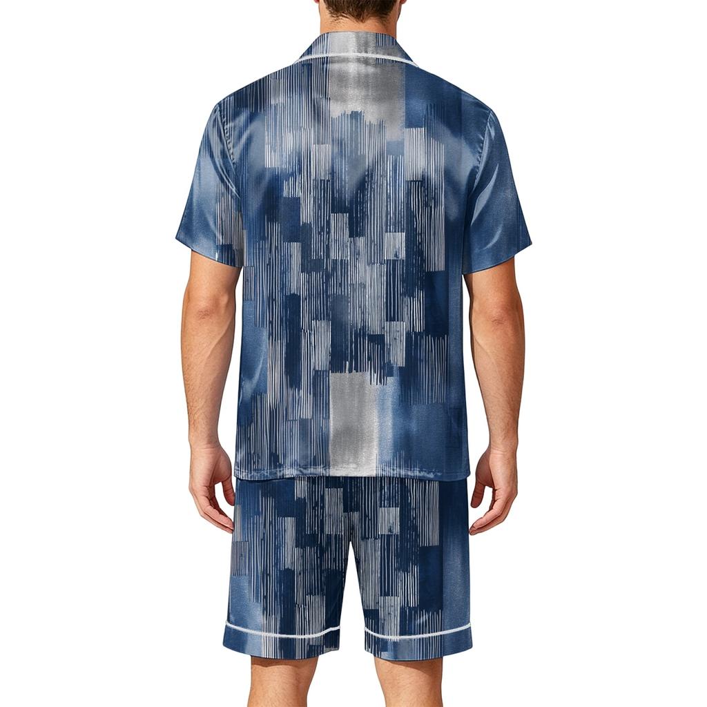 Men's Satin Short Sleeve Pajama Set Two Piece Sleepwear with Button Front Shirt and Shorts with Pockets Soft Lightweight Lounge Wear