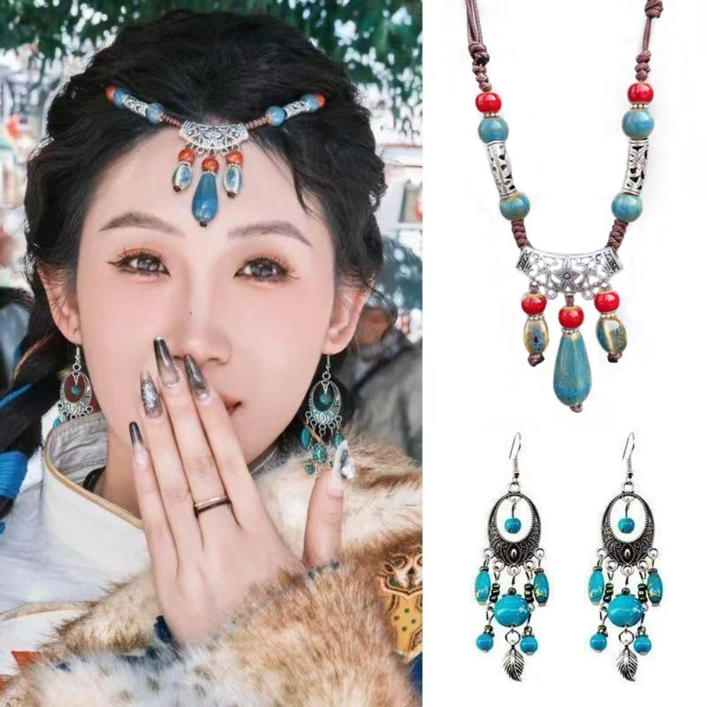 Geometric Ethnic Style Beaded Headdress Tassel Tassel Forehead Headband  Photography Props синий