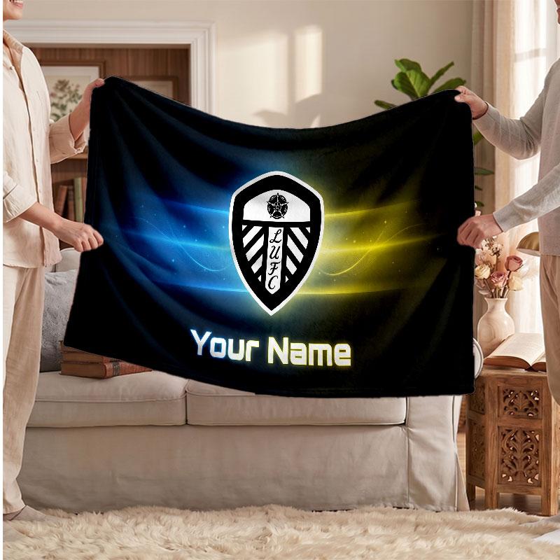 Leeds United Personalized Fleece Blanket With Football Logo, Custom Name Text Soft Warm Home Throw Blanket