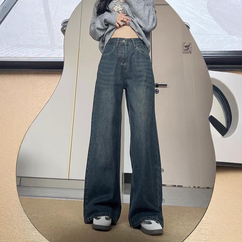 American Retro Plaid High-Waist Wide-Leg Jeans: Distressed, Draping, Slimming, Floor-Length Pants for Women.