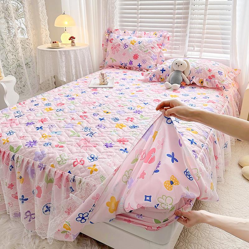 Sábana ajustable acolchada dos en uno, falda de cama, colcha antideslizante de encaje, Funda de colchón