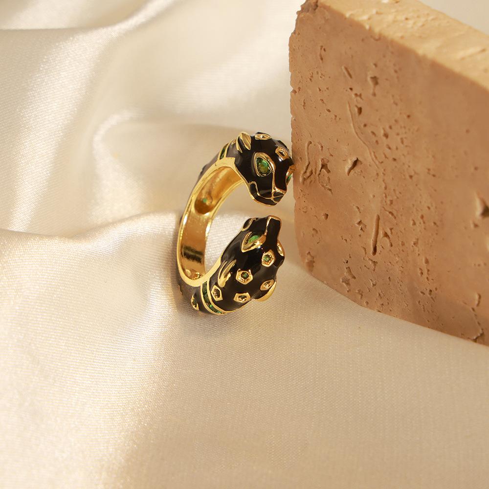 Niche Animal Dripping Cheetah Open Ring Design Black Gold Adjustable Couple Ring Tide