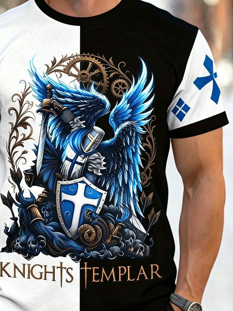 [Printed Design – Not Textured] Dark Style Temple Knight Plus Size Men'S Short Sleeve T-Shirt, Plus Size Loose Fit Round Neck Casual Summer Men'S Top