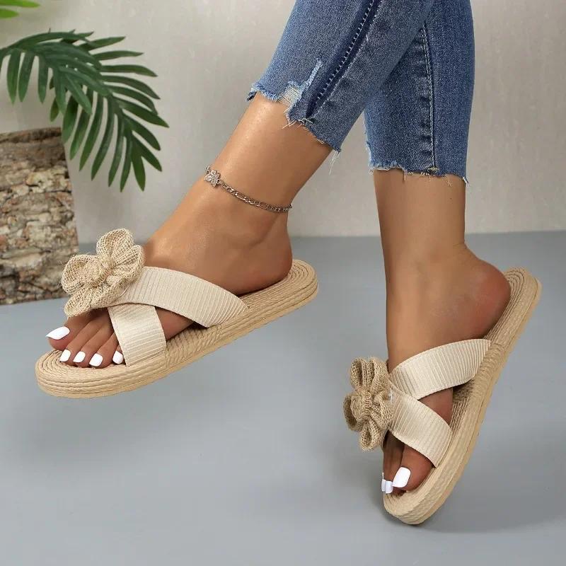 Fashion Women's Casual Slippers 2025Summer Bow Flat Weave Beach Flat Shoes Ladies Open Toed Flip Flops