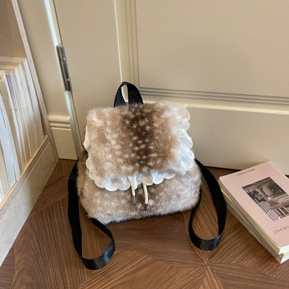 Deer Spot Fluffy Shoulder Bag Soft Plush Backpack Casual Drawstring School Bag Autumn Winter