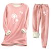 Women's Print Round Neck Warm Suit Long Sleeve Fleece Drawstring Sweatpants Two-Piece Set