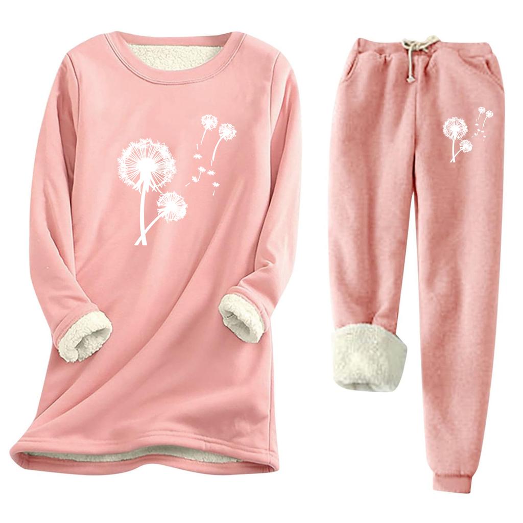 Women's Print Round Neck Warm Suit Long Sleeve Fleece Drawstring Sweatpants Two-Piece Set