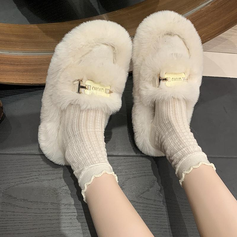 Internet celebrity thick-soled fluffy slippers women wear 2025 autumn and winter new round cotton slippers fashion trend slippers