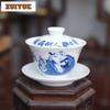 170ml Blau-Weiß Porzellan Figurenmalkunst Gaiwan Antike Teeschale Teeschale mit Deckel Set Teezubereitung Abdeckschale Teegeschirr Cha