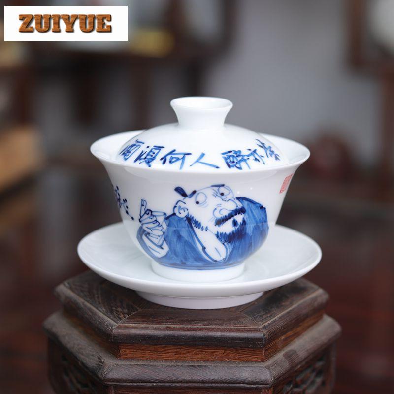 170ml Blau-Weiß Porzellan Figurenmalkunst Gaiwan Antike Teeschale Teeschale mit Deckel Set Teezubereitung Abdeckschale Teegeschirr Cha