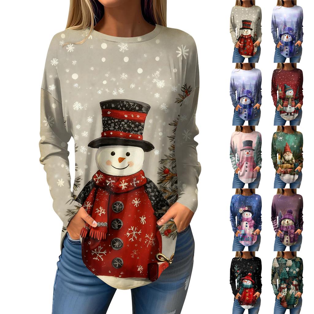 Tee Shirts For Women Casual Round Neck Long Sleeve Shirts Christmas Printing Top Pullover