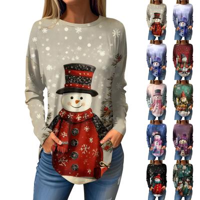 Tee Shirts For Women Casual Round Neck Long Sleeve Shirts Christmas Printing Top Pullover