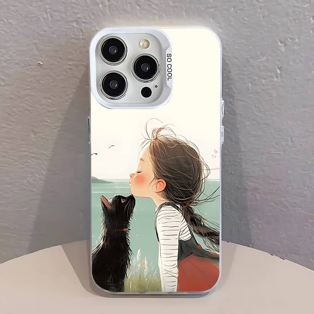 

Cute Kid Girl Dog cat Phone Case For iPhone 12,16,17,14,13,15,11,Pro,XS,Max,Plus,Mini,SE4,E White Matte Shockproof Cover iPhone11PRO