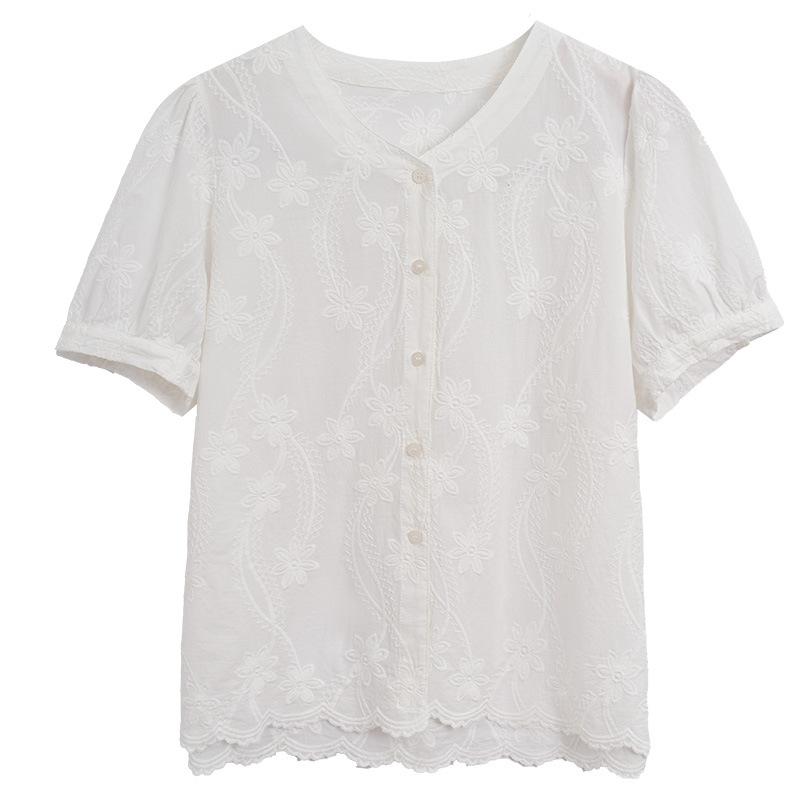 Aprikosene V-Ausschnitt Bluse für Damen Kurzärmelig Sommer Aktualisiert Reines Baumwoll Besticktes Oberteil Temperament Dame Bluse