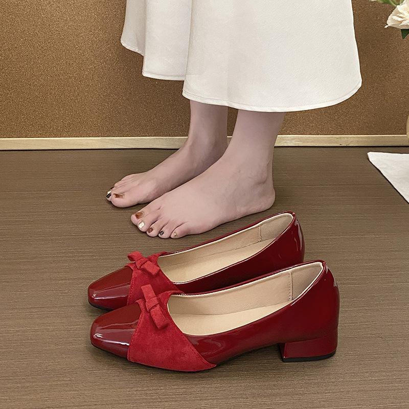 2025 summer new square head fashion bow middle heel single shoes with skirt temperament French splicing professional single shoes women