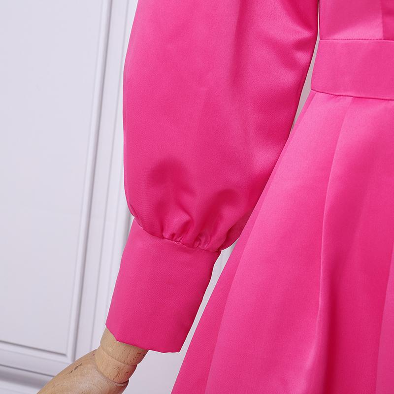 Elegant Women Stand Neck Puff Long Sleeve Casual Long Maxi Swing Dress