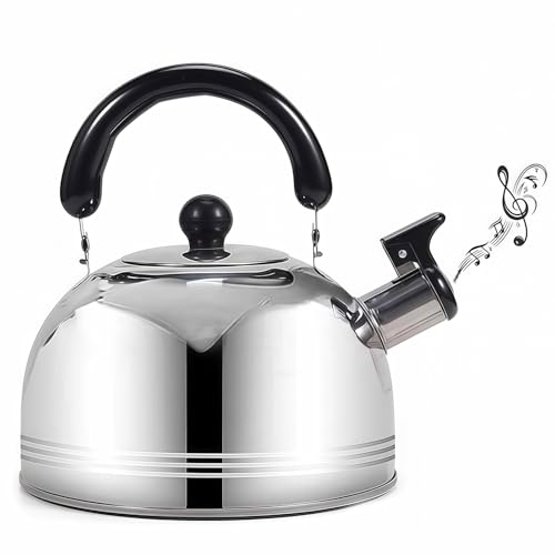 buuyyaa Whistling Kettle, Stainless Steel, Wide Mouth, Outdoor, Large Capacity, Induction/Gas Compatible, Silver, Easy to Clean, for Home Use (2L)