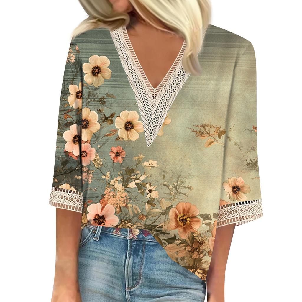 Women's Fashion V-Neck Lace Lace Vintage Floral Print T-Shirt Casual Seven Sleeve Top