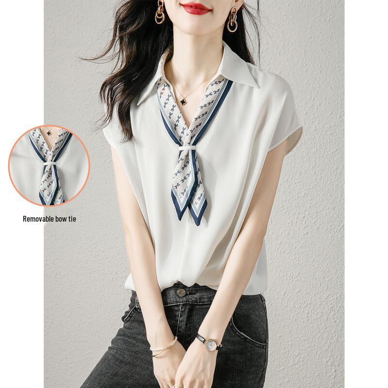 

Women s V-Neck Short Sleeve Blouse with Detachable Bow Tie L